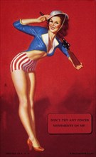 Sexy Woman Dressed Patriotically, "Don't Try Any Pincer Movements On Me", Mutoscope Card, 1940's