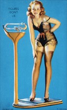 Woman Wearing Lingerie Standing on Scale, "Figures Don't Lie", Mutoscope Card, 1940's