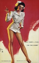 Woman Dressed as Sexy Nurse, "He's Taken a Turn for the Nurse", Mutoscope Card, 1940's