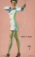 Woman Shooting Arrow from Bow, "Aiming to Please", Mutoscope Card, 1940's