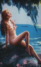 Woman Seated on Rock at the Beach, "Air Minded", Mutoscope Card, 1940's