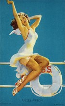 Woman Seated by Life Ring on Ship, "Ankles Aweigh", Mutoscope Card, 1940's