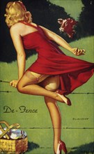 Sexy Woman Climbing over Barbed Wire Fence, "De-fence", Mutoscope Card, 1940's