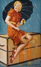 Woman Seated on Trunk Holding Umbrella in the Rain, "Disturbing Elements", Mutoscope Card,1940's