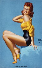 Sexy Red Haired Woman, "Easy on the Eyes", Mutoscope Card, 1940's