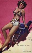 Woman Seated on Wheelbarrow, "Get a load of This", Mutoscope Card, 1940's