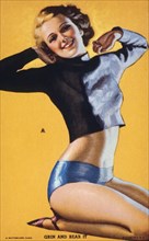 Sexy Woman Kneeling and Stretching, "Grin and Bear it", Mutoscope Card, 1940's