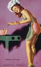 Sexy Woman Stirring Pot on Stove, "Here's a Hot Dish", Mutoscope Card, 1940's