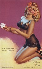 Sexy Woman holding Playing Cards, "How'd You Like to Hold My Hand", Mutoscope Card, 1940's