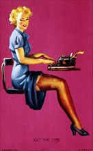 Woman Using Typewriter, "Just the Type", Mutoscope Card, 1940's