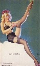 Seated Woman Putting on Nylon Stockings, "A Run on Sugar", Mutoscope Card, 1940's