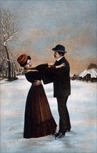 Couple Ice Skating, Lithograph, circa 1907