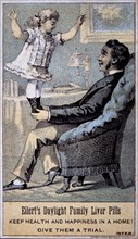 Father Seated in Chair with Daughter, Eilert's Daylight Family Liver Pills, Trade Card, circa 1900