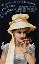 Woman Holding Flowers, Parker's Ginger Tonic, Trade Card, circa 1900