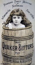 Young Girl in Barrel, Quaker Bitters for Dyspepsia and Blood, Trade Card, circa 1900