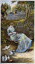 Woman Seated on Park Bench, Davis Sewing Machines, Trade Card, circa 1895