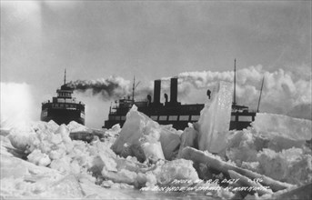 Great Lake Ships Blocked by Ice in the Straits of Mackinac, Michigan, USA