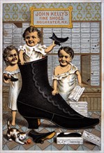 Children Standing with Large Shoe, John Kelly's Fine Shoes, Trade Card, circa 1885