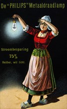 Woman Holding Illuminated Light Bulb, Dutch Ad for Philips Electric Lights, Trade Card, circa 1925