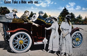 Three Men in Automobile Soliciting Two Women Standing Beside Car, Hand-Colored Photograph, circa 1908