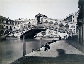 Rialto Bridge Spanning Grand Canal, Venice, Italy, Albumen Photograph circa 1880