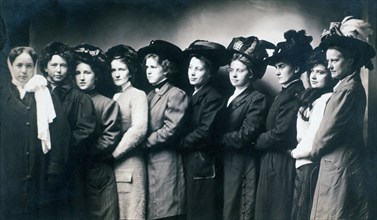 Group of Woman in Coats and Hats Standing in Row, Portrait, circa 1900