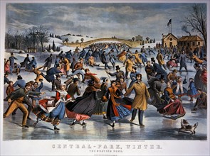 Skating Pond, Winter, Central Park, New York City, USA, Currier & Ives, Lithograph, circa 1862