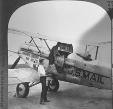 Workers Loading Mail Sacks, United States Air Mail Plane, Cleveland, Ohio, USA, Single Image of Stereo Card, circa 1927