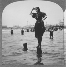Woman in Bathing Suit at Beach, Portrait, Atlantic City, New Jersey, USA, Stereo Card, circa 1908