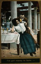 Couple in Restaurant Drinking Champagne & Lighting Cigarette with Dollar Bill, I've got Money to Burn, Illustration, circa 1901