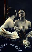 Nude Woman Looking in Mirror, Hand-Colored Photograph, circa 1900