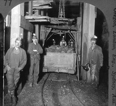 Coal Miners and Loading Cage with Coal Car at Bottom of Shaft, Scranton, Pennsylvania, USA, Single Image of Stereo Card, circa 1905