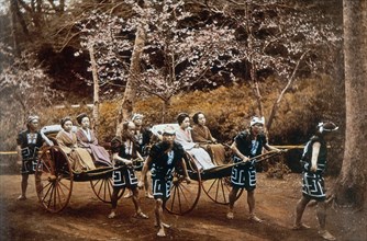 Travelers in Rickshaws, Japan, Hand Colored Albumen Photograph, circa 1880