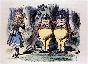 Tweedle Dum And Tweedle Dee, Through the Looking Glass by Lewis Carroll, Hand-Colored Illustration by John Tenniel, circa 1872