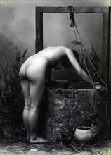 Nude Woman Looking into Water Well, Albumen Photograph, circa 1880