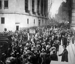 Crowd Outside Stock Exchange Building on Wall Street, New York City, USA, Wall Street Crash of October 24, 1929