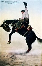Cowboy Riding Wild Bronco, Hand-Colored Photograph, circa 1911