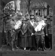 Homecoming Reunion for Soldier Fathers and Their Babies, War World I, Single Image of Stereo Card, circa 1917