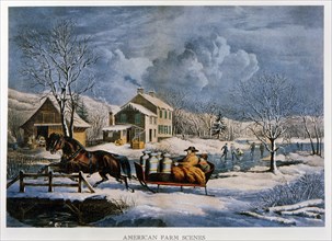 Farmers on Horse Drawn Sleigh, American Farm Scene No. 4, Nathaniel Currier, Lithograph, circa 1853