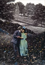 Man Kissing Woman in Field, Postcard, circa 1910
