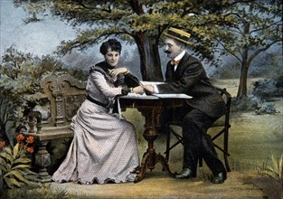 Couple Seated at Table in Park, Post Card, circa 1904