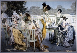 Group of Women in Victorian-Era Dresses at Outdoor Tea Party, Painting, circa 1880