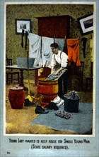 Man at Home Doing Laundry, Young Lady Wanted to Keep House for Single Young Man, circa 1910