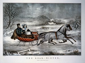 Couple Riding in Horse Drawn Sleigh, The Road, Winter, Currier & Ives, Lithograph, 1853
