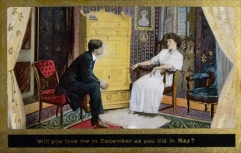 Couple Seated in Parlor, Will You Love Me in December as You did in May?, Postcard, circa 1910