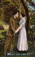 Man and Woman Hold Hands in Garden, Won't You Say Yes?, Postcard, circa 1912