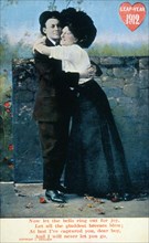 Couple Hugging Next to Stone Wall, Leap Year, Postcard, circa 1912