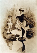 Woman Fishing With Raised Skirt and Boy Watching, circa 1906