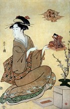 Seated Japanese Woman, The Doll Festival, Chobunsai Eishi, Woodblock Print, circa 1795