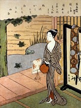 Japanese Woman by Veranda, Suzuki Garunobu, Woodblock Print, 1768